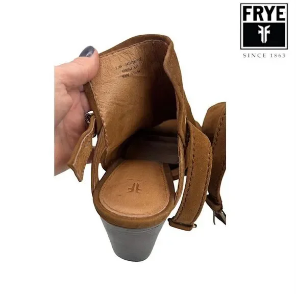 FRYE Dani Shield Slingback Mule Sandals Brown Khaki Suede Peep-Toe 7.5M EUC+ - Picture 6 of 14